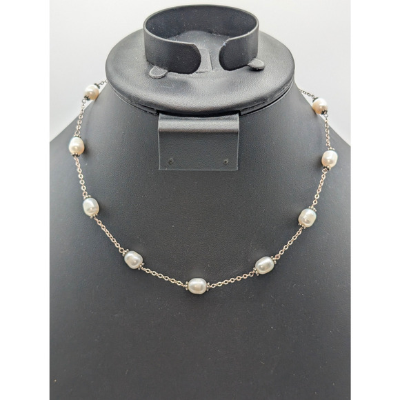 Vintage Genuine Freshwater Pearl Sterling Silver Chain Station 16" Necklace - Picture 1 of 7